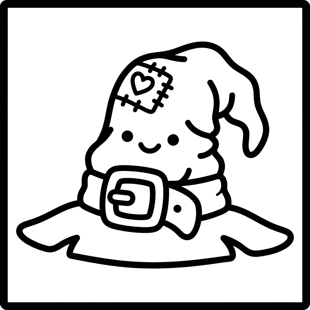 Smiling wizard hat with a stitched heart patch, designed as easy coloring pages for toddlers and simple thick line art.